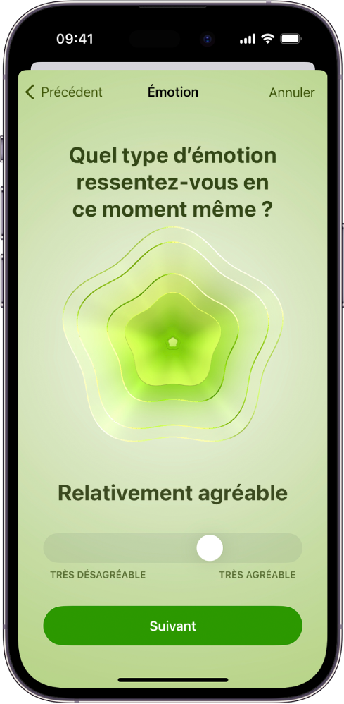 Un écran de l’app Santé indique que l’humeur actuelle est « Relativement agréable ». En bas de l’écran, un curseur permet de régler le niveau de l’émotion.