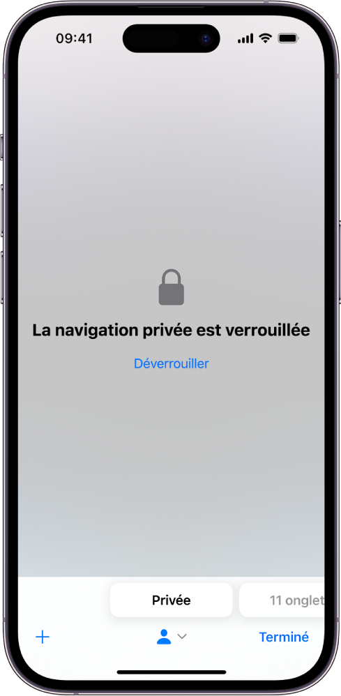 Safari est ouvert en mode navigation privée. Le message « La navigation privée est verrouillée » apparaît au centre de l’écran. Sous ce message se trouve un bouton Déverrouiller.