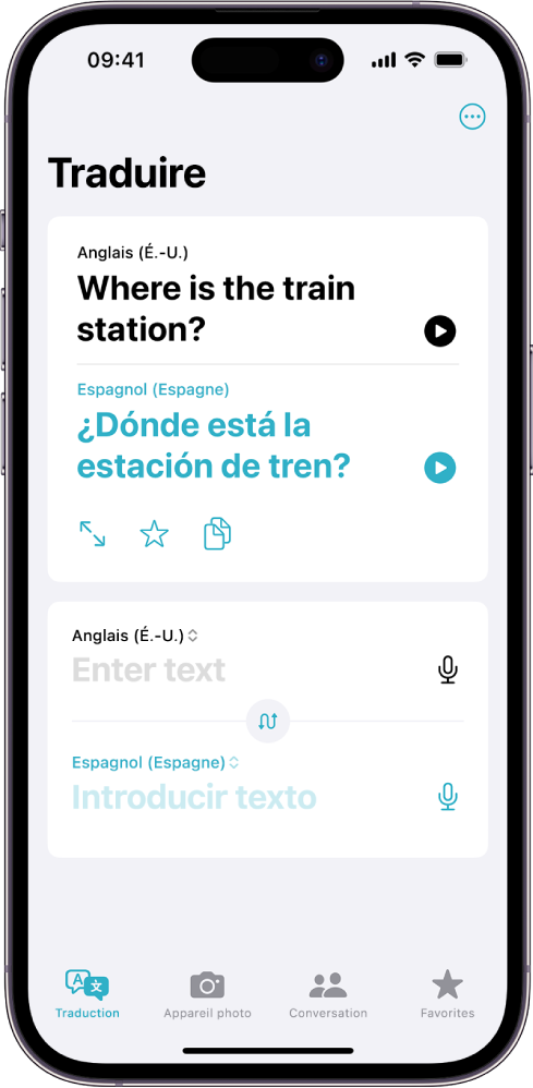 Onglet Traduction affichant une phrase traduite de l’anglais vers l’espagnol. Sous la phrase traduite se trouve le champ de saisie de texte.