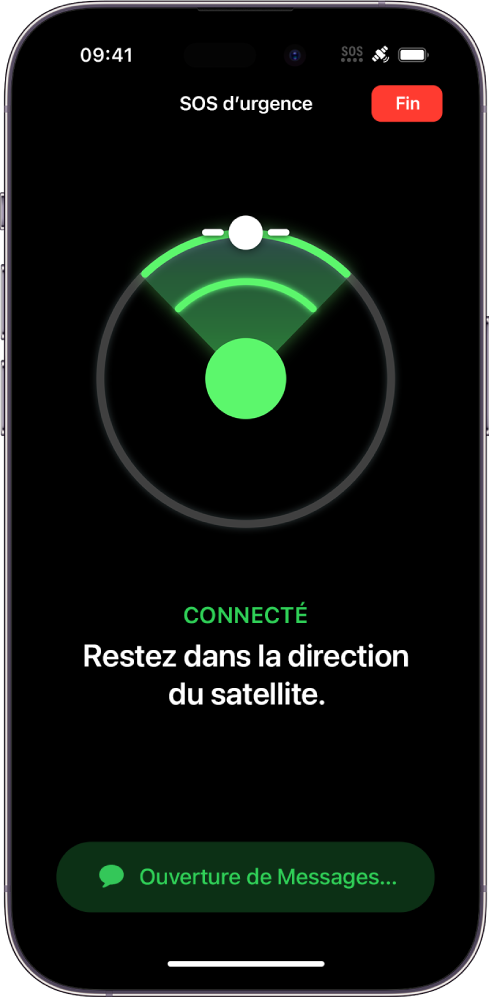 L’écran « Appel d’urgence » montrant que le téléphone est connecté et demandant à l’utilisateur de rester dans la direction du satellite. Le bouton « Ouverture de Messages » apparaît au bas de l’écran.