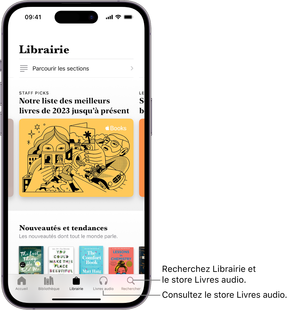 L’écran Librairie dans l’app Livres. En bas de l’écran se trouvent, de gauche à droite, les onglets Accueil, Bibliothèque, Librairie, Livres audio et Rechercher. L’onglet Librairie est sélectionné.