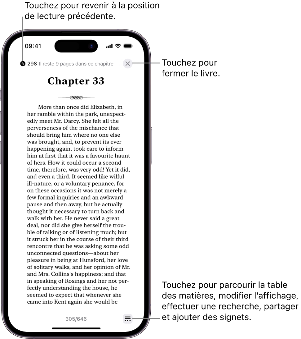 Une page d’un livre dans l’app Livres. En haut de l’écran se trouvent les boutons permettant de revenir à la page où la lecture a commencé et de fermer le livre. En bas à droite de l’écran se trouve le bouton Menu.