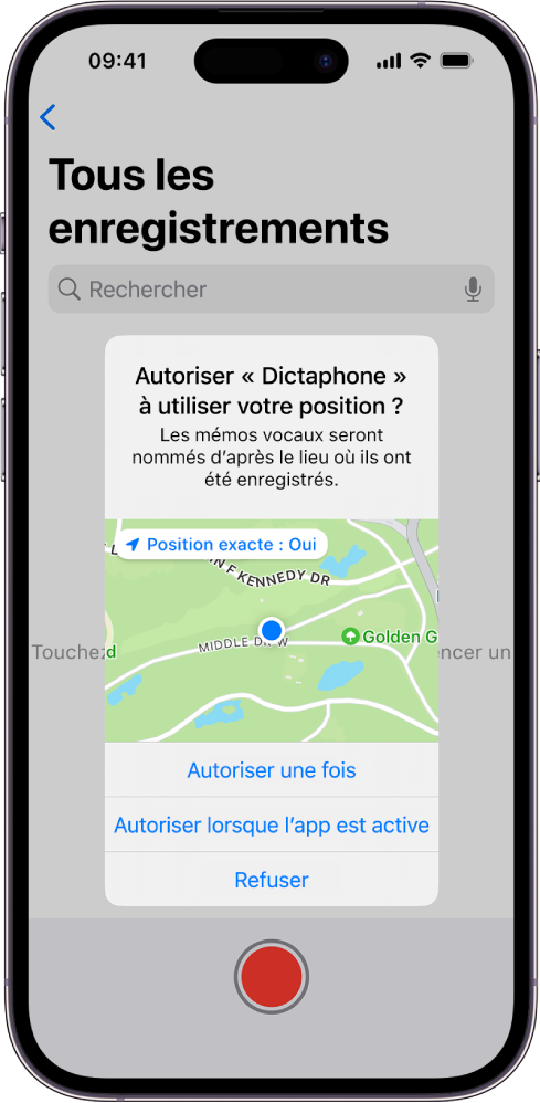 Une requête d’une app pour utiliser les données de localisation sur l’iPhone. Les options sont « Autoriser une fois », « Autoriser lorsque l’app est active » et « Ne pas autoriser ».