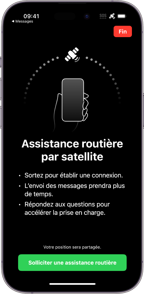 L’écran « Assistance routière par satellite ». Le bouton « Solliciter une assistance routière » apparaît au bas de l’écran.