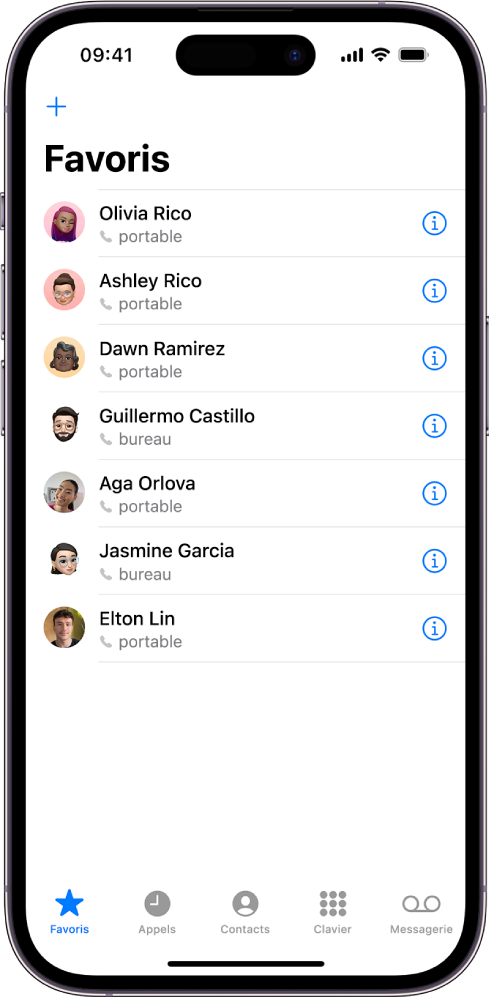 L’écran Favoris de l’app Contacts. Six contacts sont répertoriés dans les favoris.