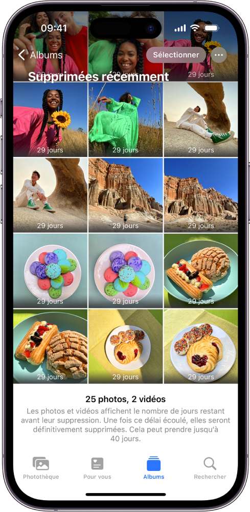 Le dossier « Supprimées récemment » dans l’app Photos. Les photos supprimées récemment s’affichent dans une grille sur l’écran.
