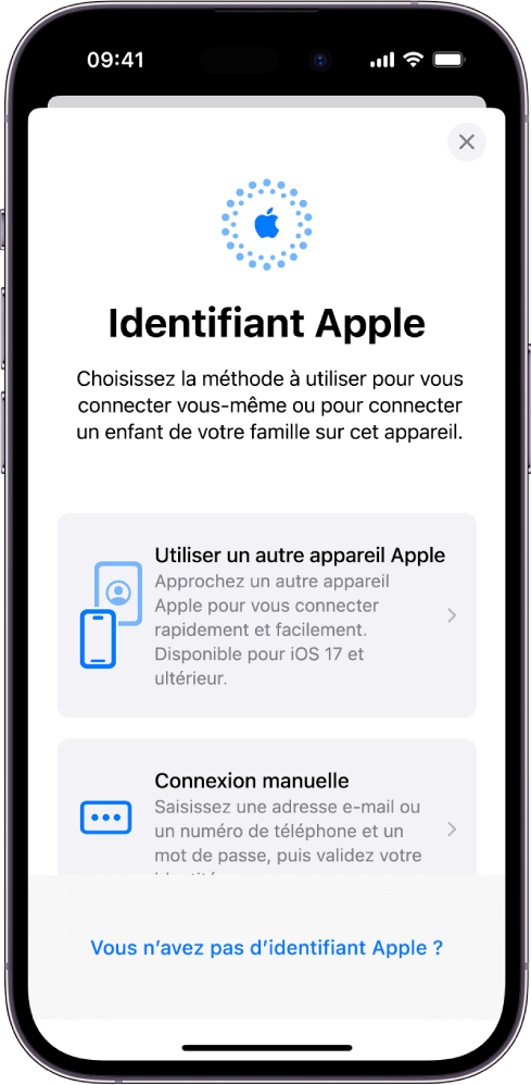 L’écran de connexion à l’identifiant Apple avec des options pour se connecter à l’aide d’un autre appareil Apple, se connecter manuellement ou si vous ne disposez pas d’un identifiant Apple.