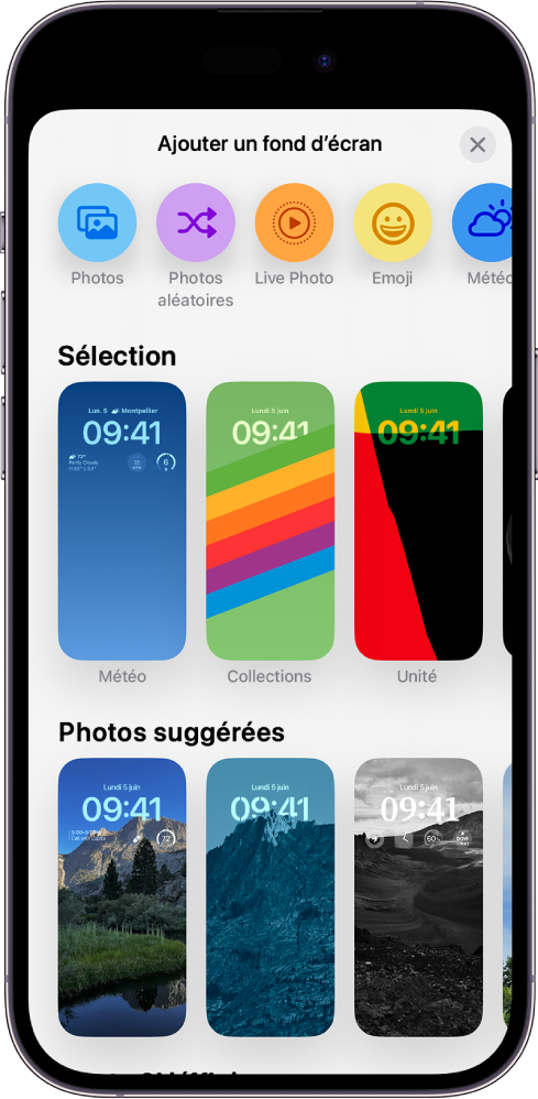 L’écran « Ajouter un fond d’écran » avec une galerie de fonds d’écran permettant de personnaliser l’écran verrouillé de l’iPhone.