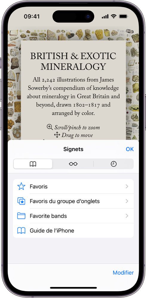 L’écran Signets, avec des options permettant d’afficher vos signets, la liste de lecture et votre historique de navigation.