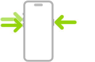איור של iPhone עם חצים המצביעים על כפתור הצד מימין למעלה ועל כפתורי הגברת עוצמת הקול והנמכת עוצמת הקול משמאל למעלה.