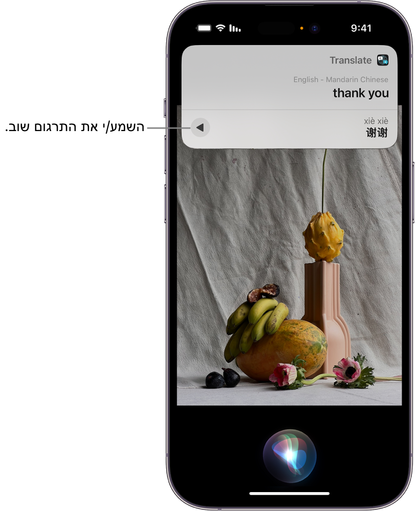 מסך iPhone שבתחתית מחוון שמציין הקשבה של Siri ובראשו, תגובה מ-Siri [מאנגלית לסינית מנדרינית].