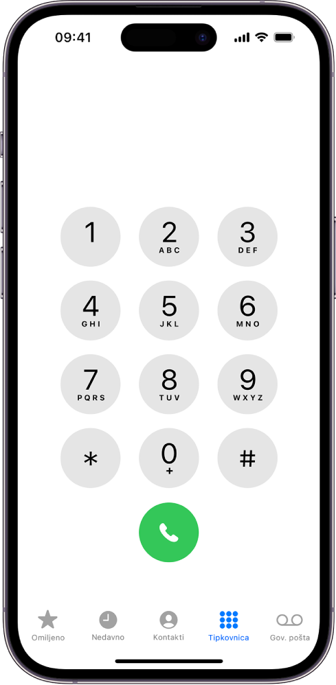 Tipkovnica za biranje brojeva u aplikaciji Telefon s prikazom brojeva od 1 do 9. Ispod toga je zelena tipka Zovi. Na dnu su tipke za Omiljeno, Nedavno, Kontakte, Tipkovnicu (odabrano) i Govornu poštu.