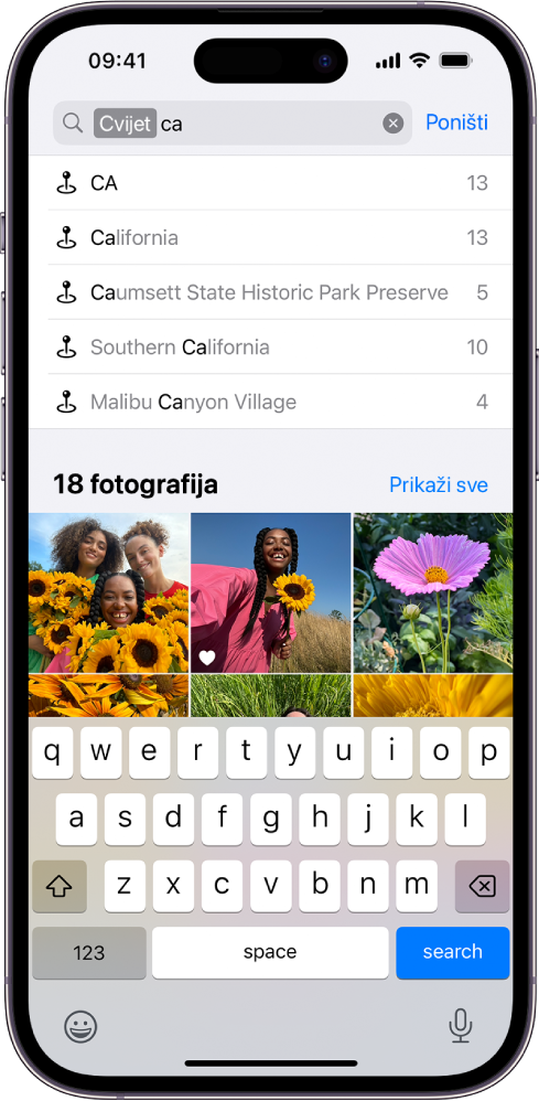 Zaslon za pretraživanje u aplikaciji Foto. Na vrhu zaslona nalazi se polje za pretraživanje, a ispod njega rezultati pretraživanja.