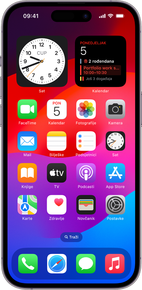 Početni zaslon iPhonea s uključenim Tamnim modom.