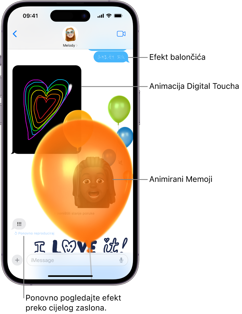 Razgovor u aplikaciji Poruke s efektima oblačića i cijelog zaslona, kao i animacijama: Digital Touch i rukom pisana poruka.