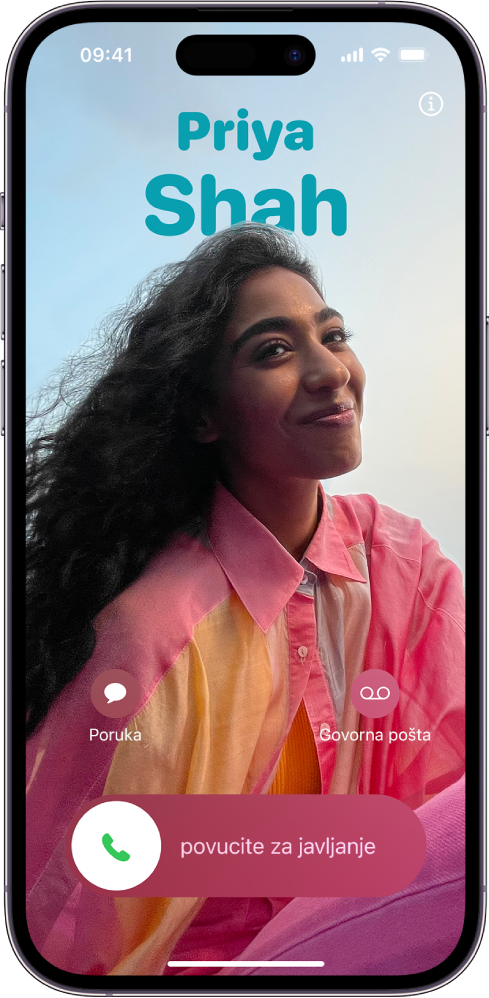 Zaslon poziva na iPhoneu s jedinstvenim Posterom kontakta.