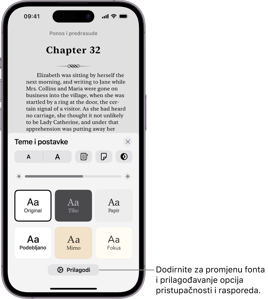 Stranica knjige u aplikaciji Knjige. Opcije Tema i Postavki prikazuju kontrole za veličinu fonta, pomični prikaz, stil okretanja stranice, svjetlinu i stilove fonta.