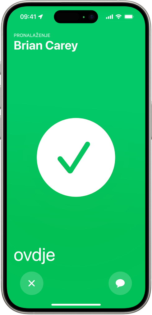 Zaslon iPhonea je zelene boje s velikom kvačicom u sredini. Ime osobe koja se locira nalazi se u lijevom gornjem kutu, a riječ “ovdje” nalazi se u donjem lijevom kutu čime se označava da je sastajanje bilo uspješno.
