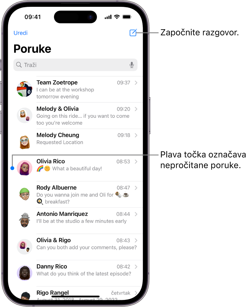 Popis razgovora u aplikaciji Poruke s tipkom Sastavi u gornjem desnom kutu. Plava točka s lijeve strane poruke označava da je ona nepročitana.