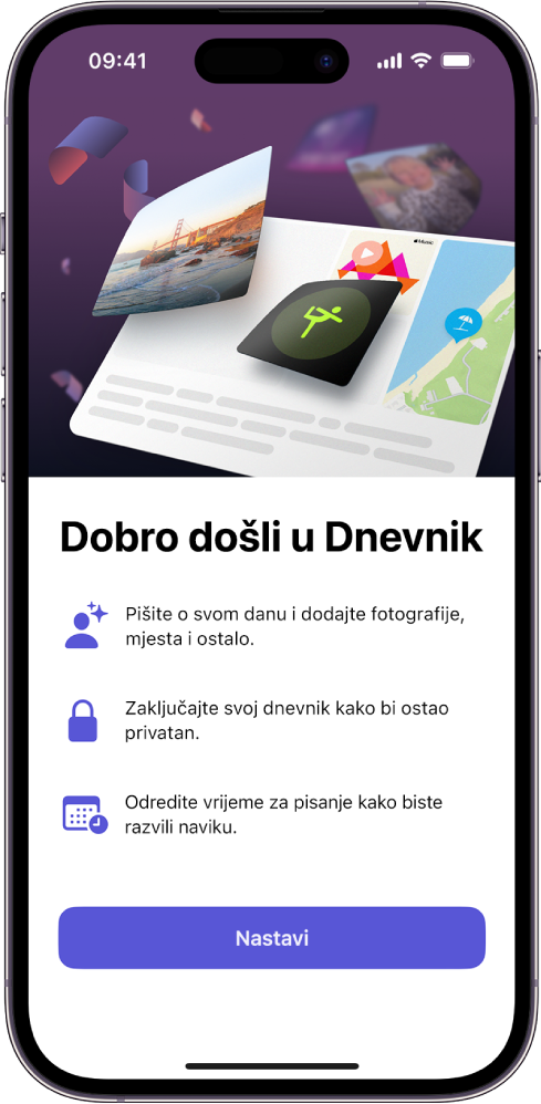 Zaslon dobrodošlice za aplikaciju Dnevnik.