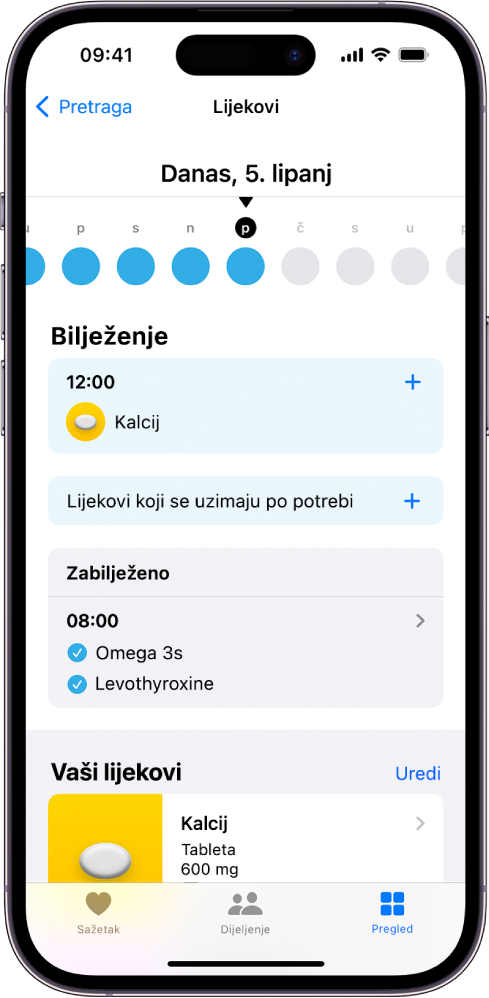 Zaslon Lijekovi u aplikaciji Zdravlje prikazuje vremensku liniju i dnevnik za lijekove.