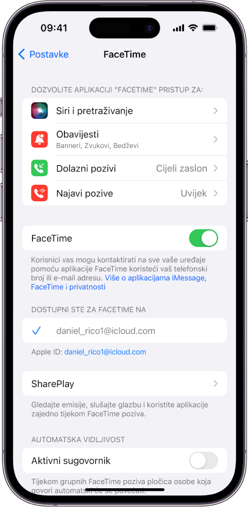 Zaslon FaceTime postavki s prikazom preklopke za uključivanje ili isključivanje FaceTimea i polje gdje unosite svoj Apple ID za FaceTime.