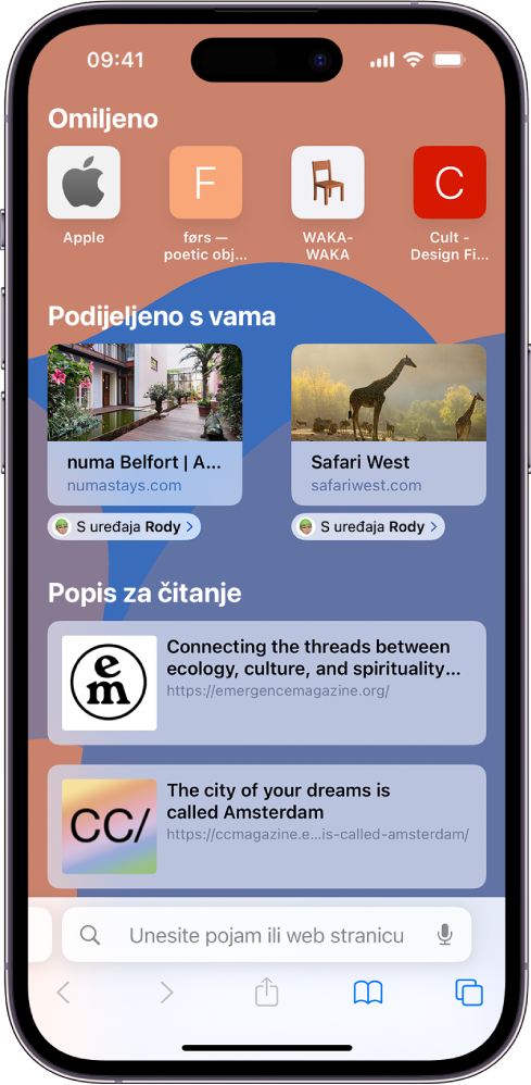 Početna stranica u aplikaciji Safari uključuje odjeljak Podijeljeno s vama i preglede dvije web stranice. Ispod pregleda web stranica nalaze se oznake u kojima piše “Od Anje”.
