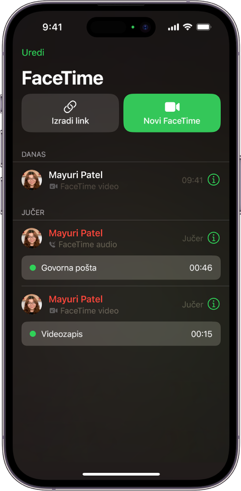 Zaslon za pokretanje FaceTime poziva s prikazom tipke Izradi link i tipke Novi FaceTime za pokretanje FaceTime poziva.