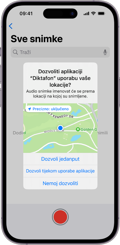 Zahtjev od aplikacije za uporabu lokacijskih podataka na iPhoneu. Opcije su Dozvoli jedanput, Dozvoli tijekom uporabe aplikacije i Nemoj dozvoliti.