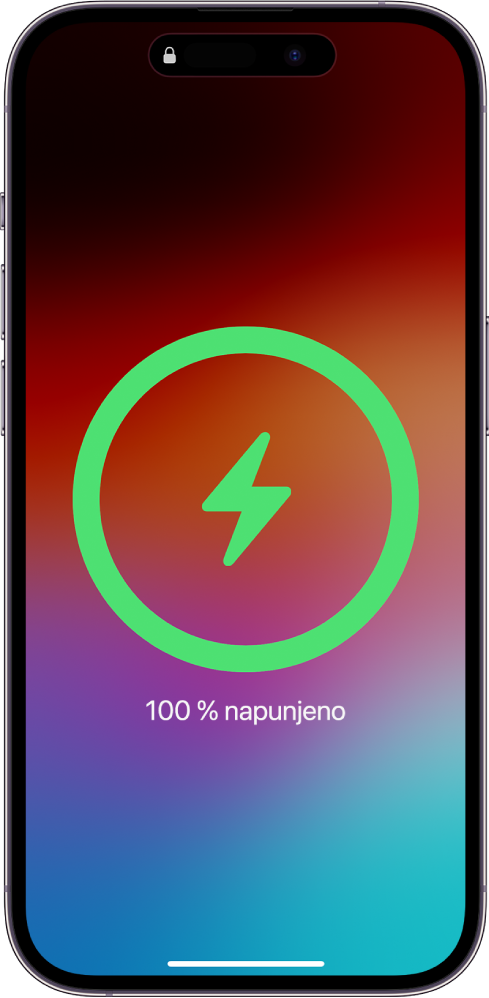 Zaslon iPhonea s prikazom baterije napunjene na 100%.