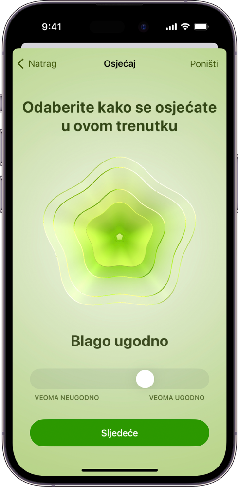 Zaslon u aplikaciji Zdravlje u kojem se utvrđuje trenutačno raspoloženje kao Lagano ugodno. Pri dnu zaslona nalazi se kliznik za prilagodnu razine emocije.