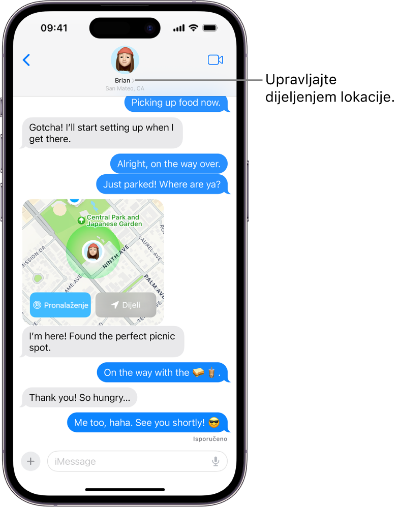 Razgovor u aplikaciji Poruke s dijeljenom lokacijom.