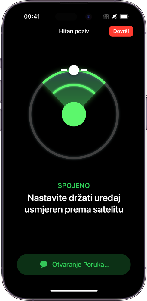 Zaslon Hitnog poziva prikazuje da je telefon spojen i daje upute korisniku da i dalje bude usmjeren prema satelitu. Tipka Otvaranje Poruka nalazi se na dnu zaslona.