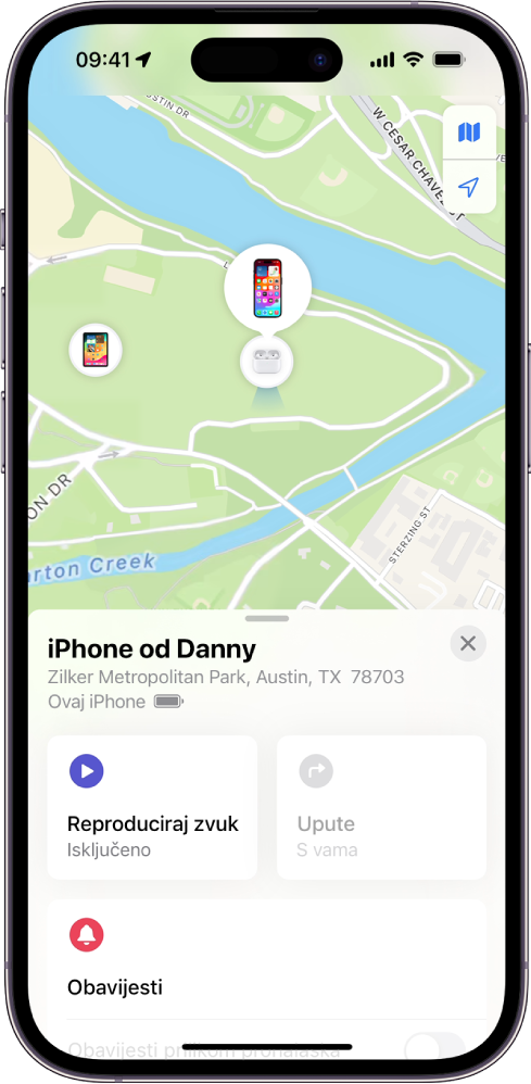 Zaslon aplikacije Pronalaženje s lokacijom iPhonea na karti pri vrhu zaslona.