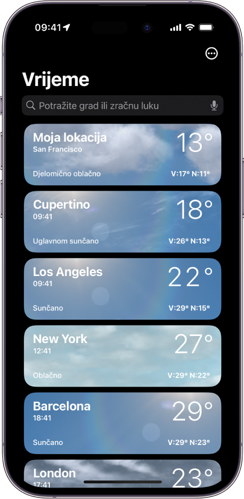 Zaslon s vremenskom prognozom koji prikazuje popis gradova s trenutačnim vremenom, temperaturom, prognozom te visokim i niskim temperaturama. Pri vrhu zaslona nalazi se polje za pretraživanje, a u gornjem desnom kutu tipka Više.