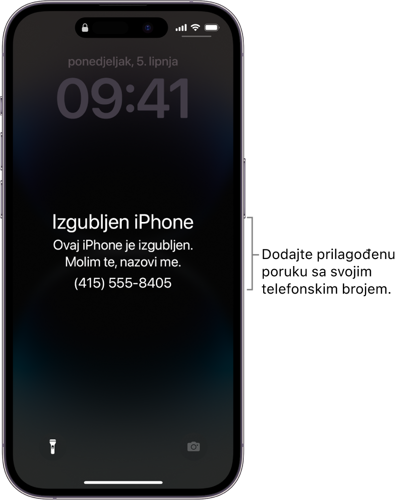 Zaključani zaslon iPhonea s porukom o izgubljenom iPhoneu: Možete dodati vlastitu poruku sa svojim brojem telefona.