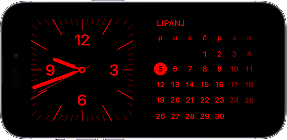 iPhone u pripravnom stanju pri slabom osvjetljenju okoline prikazuje widgete sata i kalendara s crvenom nijansom.