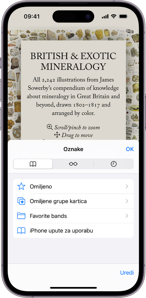 Zaslon Knjižne oznake, s opcijama za pregled vaših knjižnih oznaka, popisa za čitanje i vaše povijesti pretraživanja.