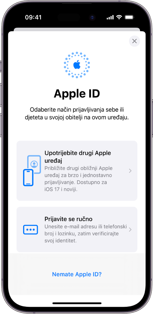 Zaslon Apple ID prijave s opcijama za prijavu koristeći drugi Appleov uređaj, ručnu prijavu ili opcijom gdje piše da nemate Apple ID.