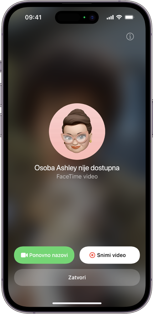 Zaslon aplikacije FaceTime prikazuje da je pozvana osoba nedostupna. Na dnu zaslona nalaze se tipke Ponovno nazovi i Snimi video.