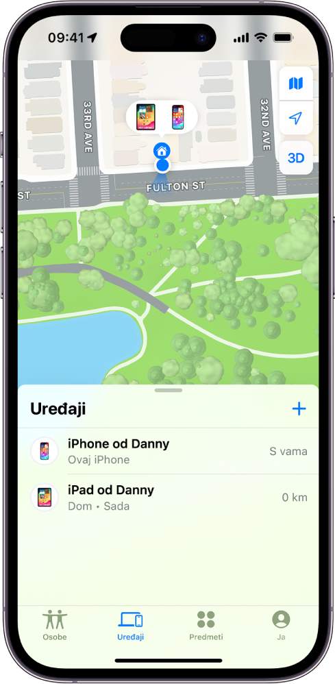 Zaslon aplikacije Pronalaženje s prikazom dvaju uređaja kod kuće.