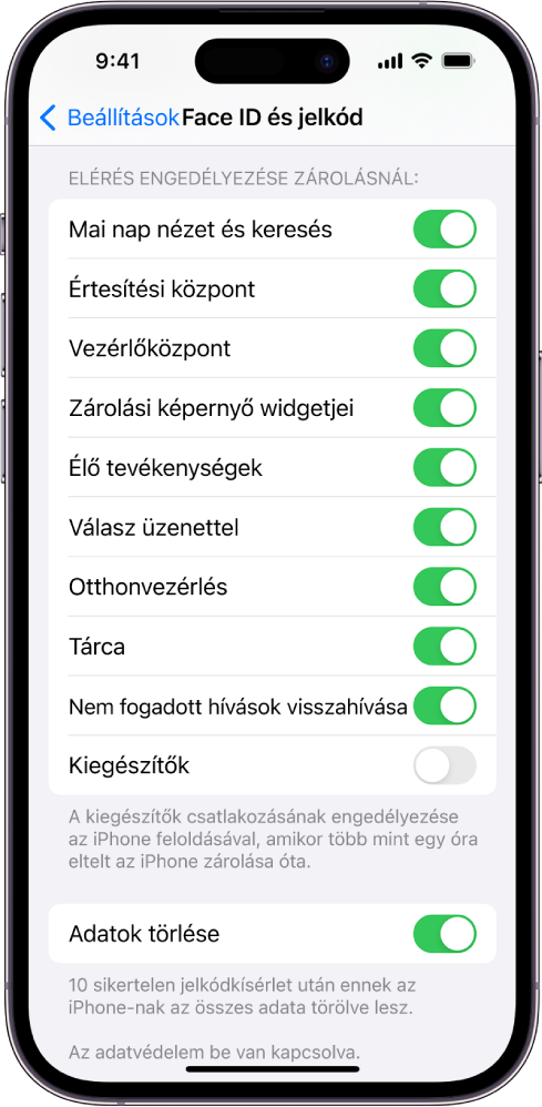 A Face ID és jelkód képernyő olyan beállításokkal, amelyek lehetővé teszik bizonyos funkciók elérését, amikor az iPhone le van zárva.
