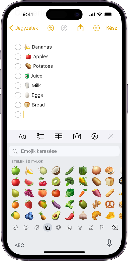 A képernyő felső részén egy jegyzet van megnyitva a Jegyzetek appban, az alsó részén pedig egy emoji-billentyűzet látható.