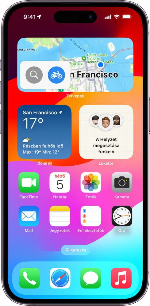 A Térképek widget, egyéb widgetek és appikonok az iPhone Főképernyőjén.