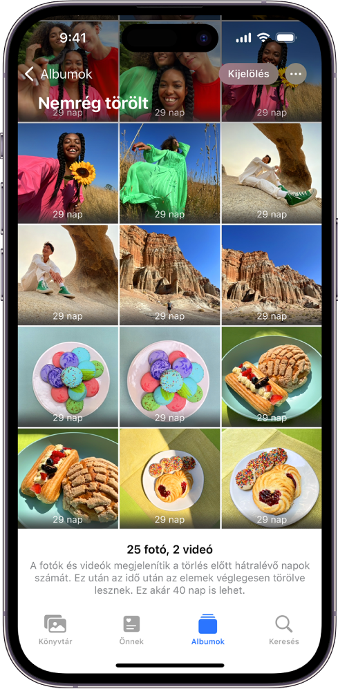A Nemrég törölt képernyő a Fotók appban. A legutóbb törölt fotók egy rácsban jelennek meg a képernyőn.