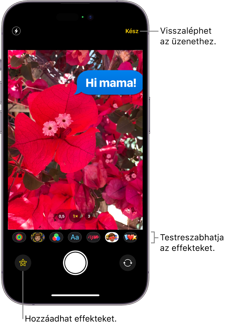 Fotószerkesztés az Üzenetek appban. A fotó alatt jelennek meg a különböző effektusok alkalmazásának lehetőségei.
