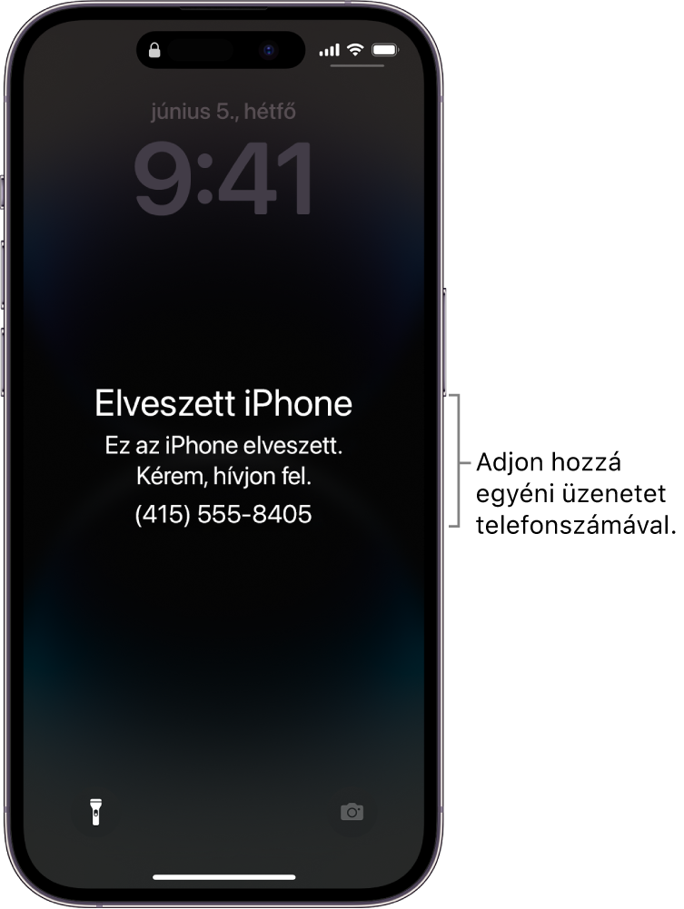 Az iPhone Zárolási képernyője egy elveszett iPhone-üzenettel. Igény szerint beállíthat egy egyéni üzenetet a telefonszámával.