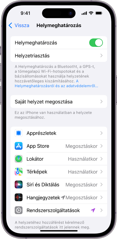 A Helymeghatározás képernyő az iPhone helyének megosztására szolgáló beállításokkal, beleértve az egyéni beállításokat az egyes appokhoz.