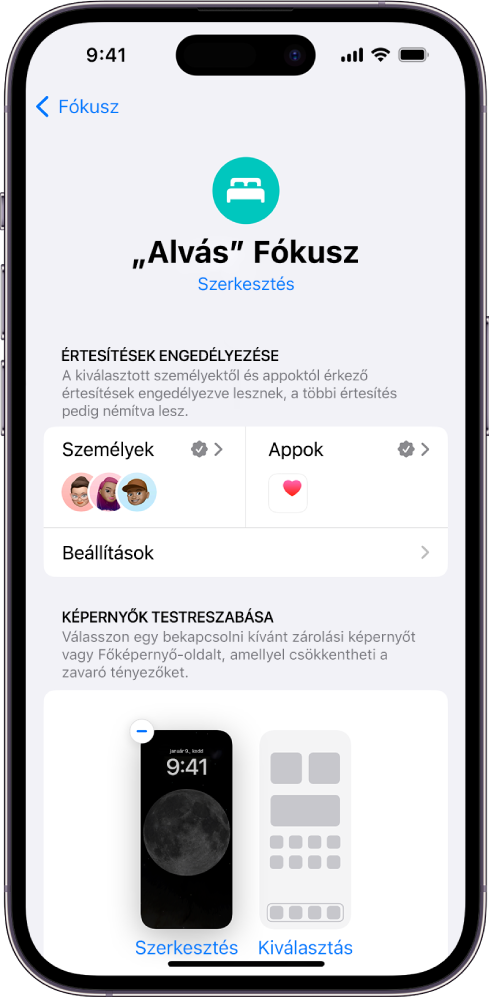 Az „Alvás” Fókusz képernyőjén három személy és egy app küldhet értesítéseket.