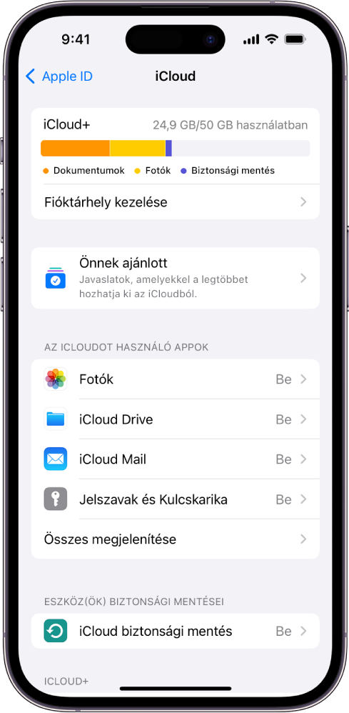 Az iCloud-beállítások képernyője, amelyen az iCloud-tárhely foglaltságmérője, valamint az iClouddal használható appok és szolgáltatások listája látható (pl. a Fotók, az iCloud Drive és az iCloud Mail).